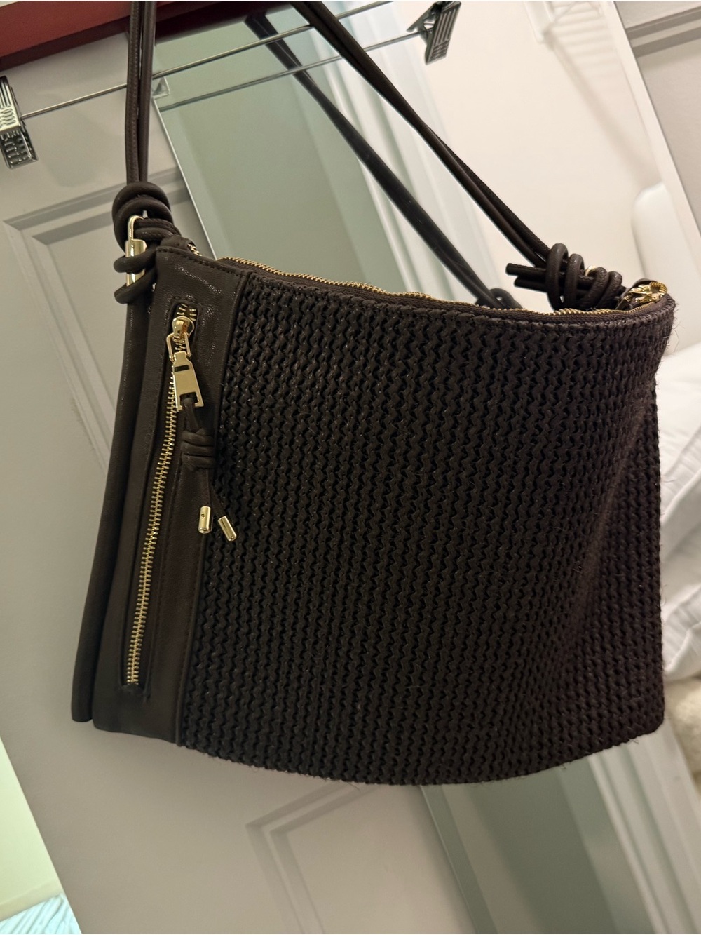 Dolce Vita Dark Brown Woven Shoulder Bag with Gold Hardware